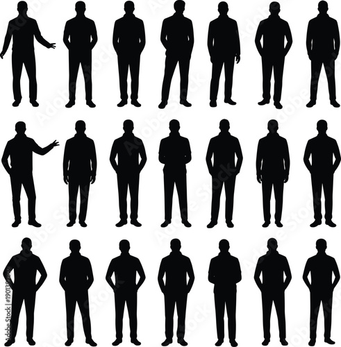 Male silhouettes set showing standing men in neutral and confident poses isolated on white background representing human posture body language everyday behavior and modern lifestyle concept
