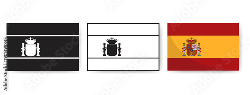 Spain flag design set with minimalist silhouette, line art, and official red and yellow colors. Ideal vector elements for Spanish culture, language learning, and travel branding. 