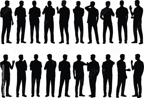 Men silhouettes communication set showing standing male figures talking gesturing and interacting isolated on white background representing conversation teamwork leadership and social interaction 