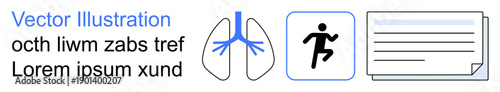Healthcare, respiration, exercise, documentation, medical reports, fitness tracking. Stylized lungs, running icon and document graphic in blue and black. Healthcare and respiration