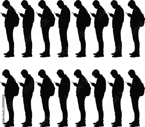People silhouettes using smartphones in line set showing individuals with backpacks checking mobile phones isolated on white background representing digital addiction technology and modern urban 