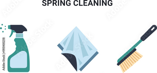 Spring cleaning essentials: spray bottle, cloth, and brush for a spotless home