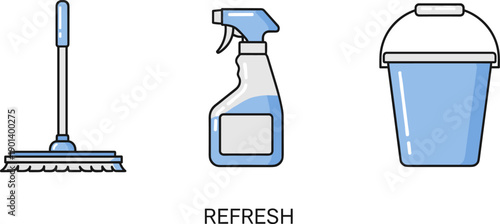 Cleaning supplies including a mop, spray bottle, and bucket for household chores