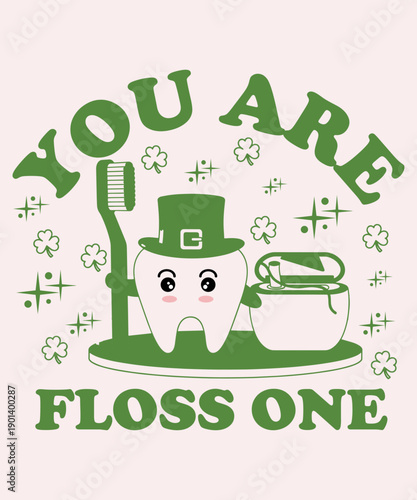 Funny St Patrick’s Day dental t shirt design with cute tooth character, perfect for dentists and clinics