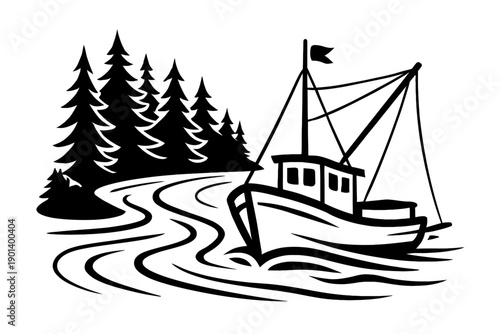 Fishing Boat Trawler on Scenic River with Pine Forest Landscape Vector Illustration. Coastal Nautical Scene with Evergreen Trees. Minimalist Nature Graphic for Marine, Industry, and Outdoor Adventure.