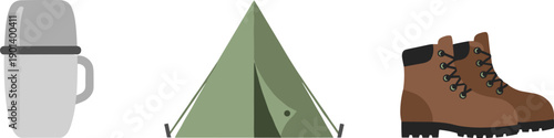 Camping gear icons: thermos, tent, and hiking boots on a white background