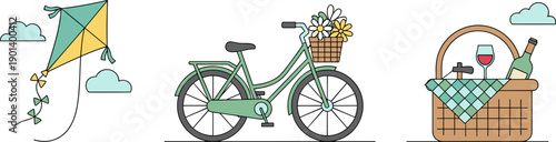 Vector illustration of a kite, bicycle with flowers, and picnic basket with wine