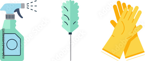 Cleaning supplies including spray bottle, duster, and rubber gloves for household chores