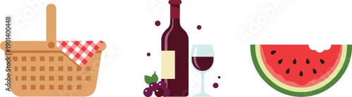 Picnic basket, wine bottle, glass, grapes, and watermelon slice illustration