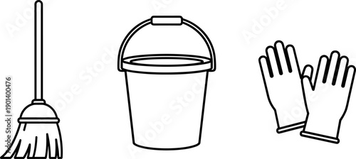 Cleaning supplies: broom, bucket, and gloves icon set for household chores and hygiene