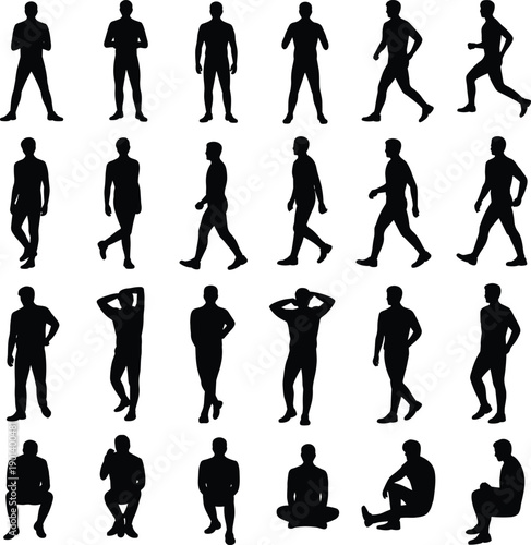 Male silhouettes set showing walking standing sitting and relaxed body poses isolated on white background representing human movement posture behavior and everyday lifestyle activity concept
