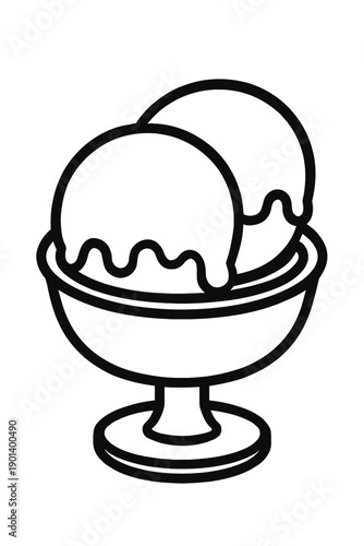 Double Scoop Ice Cream Sundae in Glass Bowl Illustration - Minimalist Black and White Line Art Vector for Dessert Menus, Cafe Branding, and Sweet Shop Graphic Design
