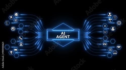 A futuristic ai agent is connected to various digital functions through a glowing green network, representing advanced technology and automation for intelligent enterprise systems