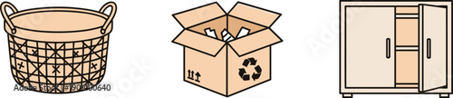 Illustration of a woven basket, an open cardboard box, and a cabinet