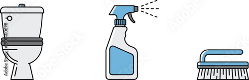 Toilet cleaning supplies: toilet, spray bottle, and brush icon set