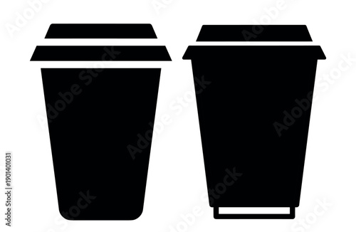 Black silhouette of disposable takeaway coffee cup with lid, minimal flat icon style isolated on white background