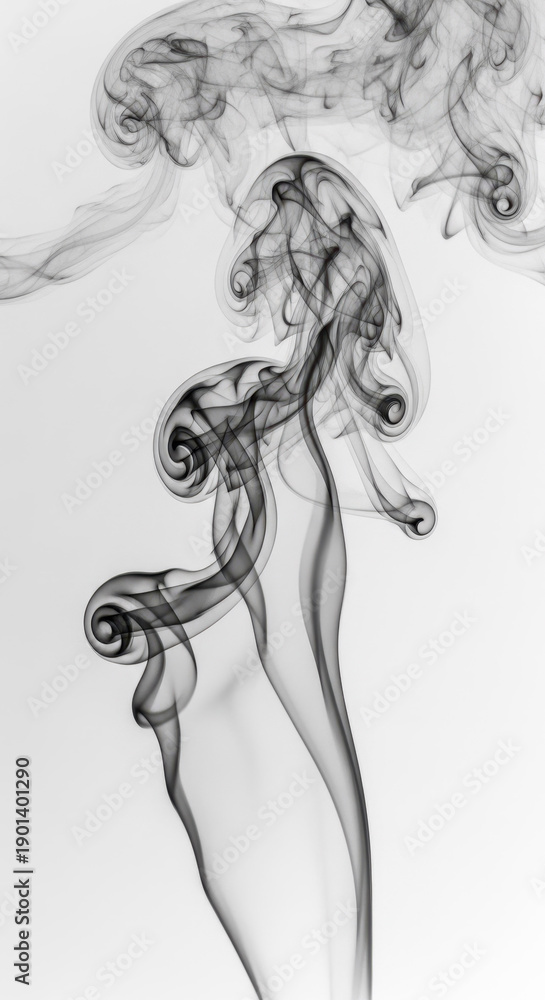 Fototapeta premium Abstract swirling black smoke wisps against a clean white background