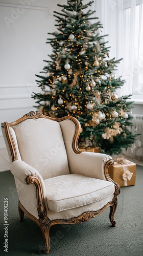 White armchair stands near a Christmas tree with lights and decorations in a warm living room during the holiday season