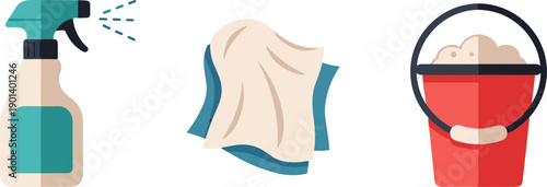 Cleaning supplies including spray bottle, cloth, and bucket with foam