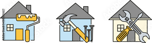 Home renovation and repair icons: painting, hammering, and fixing with tools