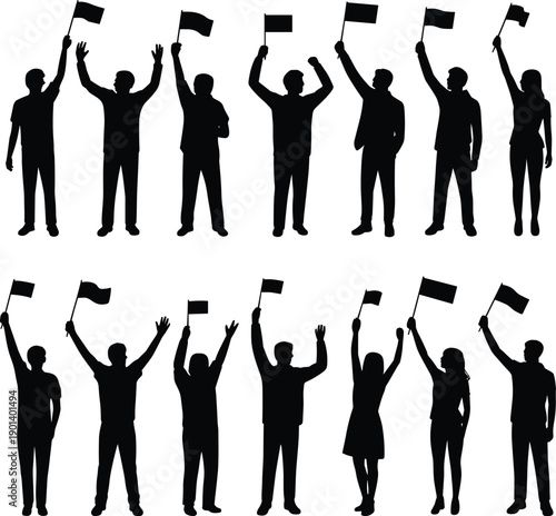 People silhouettes waving flags set showing men and women raising banners isolated on white background representing protest celebration political demonstration unity and public support concept