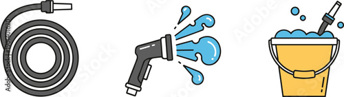 Set of icons depicting car washing tools: hose, spray nozzle, and bucket with water