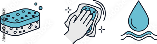 Cleaning icons: sponge, hand wiping with cloth, and water drop on waves