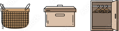 Set of three simple line art icons for home organization: basket, box, and open closet