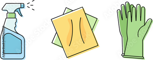 Cleaning supplies including spray bottle, cloths, and protective gloves for hygiene