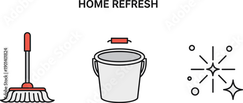 Home refresh concept with cleaning tools and sparkling effect icons