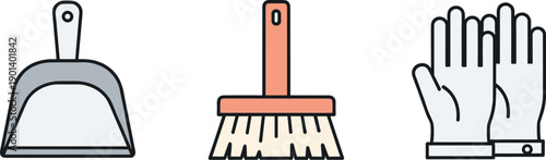 Set of cleaning tools: dustpan, brush, and gloves, isolated on white background