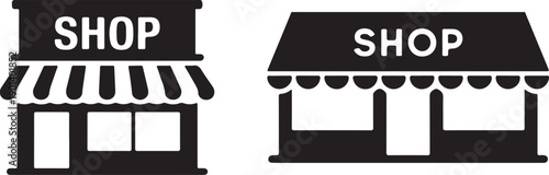 Black and white illustration of two shop facades with awnings and signboards in simple style  shop icons
