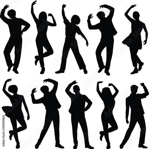 Dancing people silhouettes set showing men and women in energetic dance poses isolated on white background representing celebration music movement party and joyful lifestyle concept