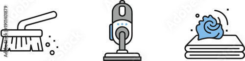 Set of cleaning icons: brush, vacuum cleaner, and folded towels with soap