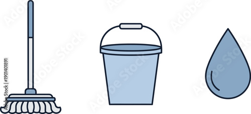 Simple flat design icons of a mop, bucket, and water drop for cleaning services