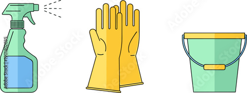 Cleaning supplies including spray bottle, gloves, and bucket for household chores