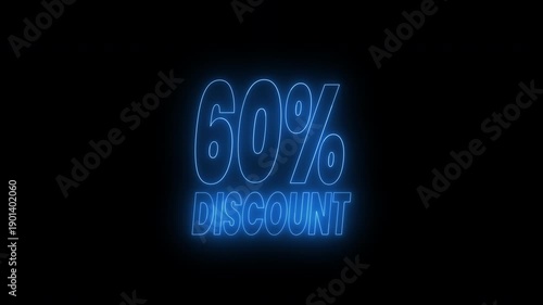 Blue neon sign with sixty percent discount text animation in black. 4k animated typography is perfect for retail promotions, sales, discounts, and advertising campaigns. Great for marketing materials.