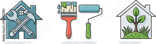 Home improvement icons showing repair, painting, and green living concepts