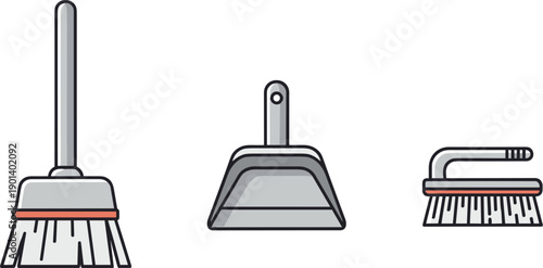 Set of cleaning tools including a broom, dustpan, and brush on a white background