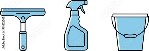 Set of cleaning tools including a squeegee, spray bottle, and bucket