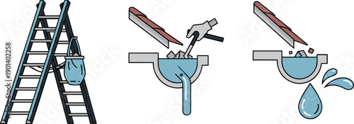 Gutter cleaning process illustration showing debris removal and water flow
