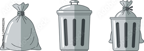 Collection of trash cans and garbage bags in a simple flat design style
