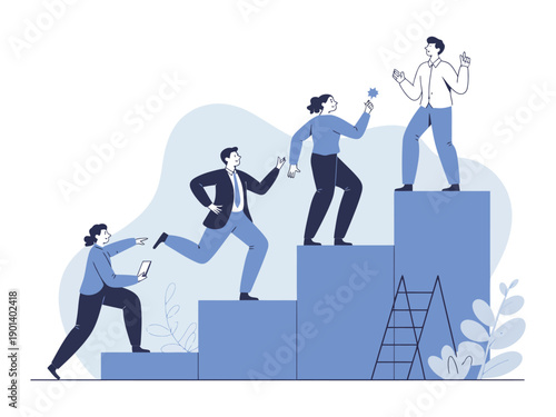 A group of business professionals climbing a staircase of success in a competitive and dynamic work environment