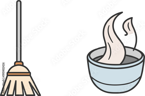 Simple cartoon illustration of a broom and a mop bucket with a mop head