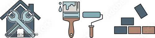 Home repair and renovation icons: tools for building, painting, and construction