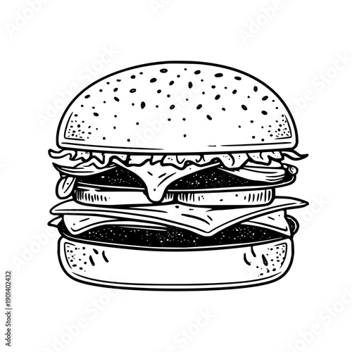 Detailed line art illustration of a burger with sesame seed bun cheese tomato and lettuce layers stacked high