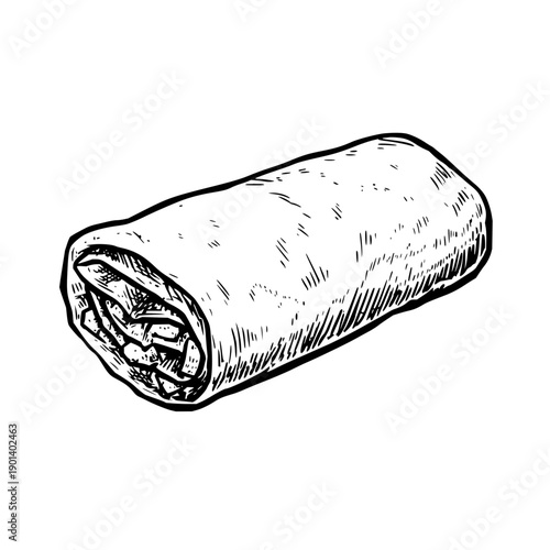 A hand drawn black and white illustration of a burrito with visible fillings and a rolled tortilla wrap
