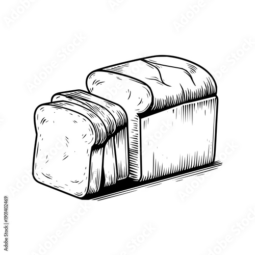 Detailed black and white illustration of a sliced loaf of bread with visible texture and shading elements