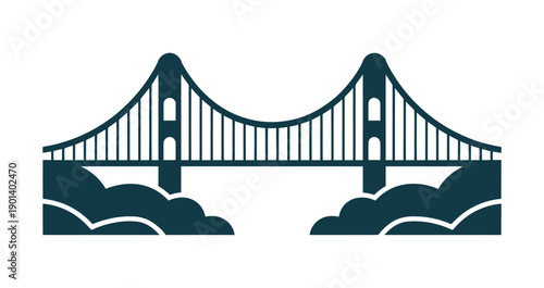 An iconic suspension bridge illustration set against a stylized cloudy sky