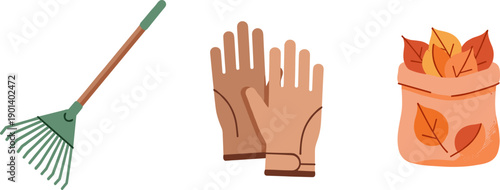 Autumn gardening tools: rake, gloves, and bag of leaves for yard cleanup